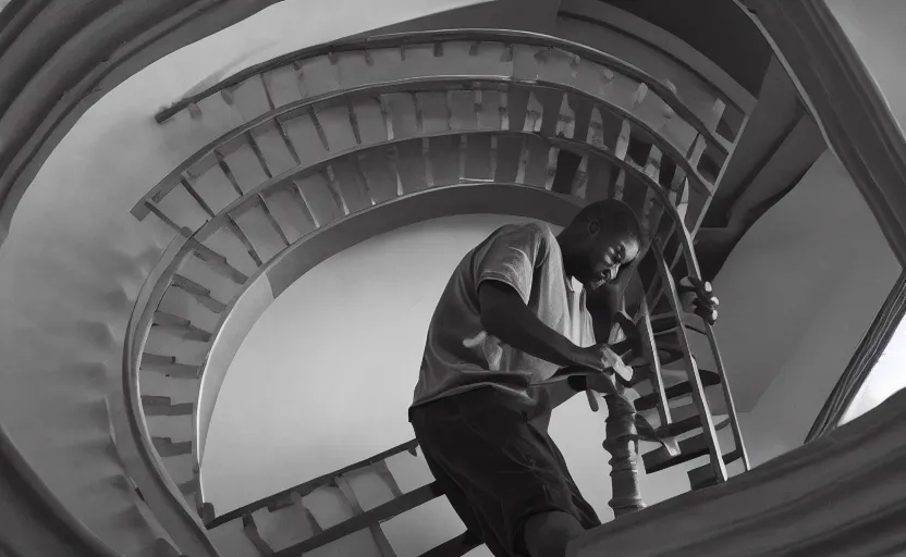 Image similar to frank ocean building a spiral staircase in the centre of the room, greyscale,