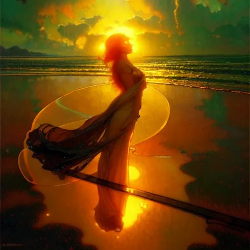 Image similar to sea of glossy liquid honey drops flowing like translucent amber, backlit, sunset, refracted lighting, art by collier, albert aublet, krenz cushart, artem demura, alphonse mucha