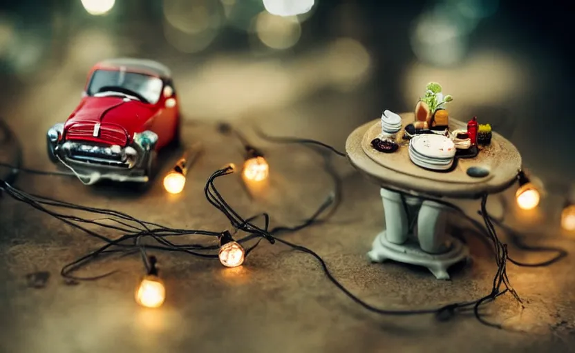 Image similar to mini cafe for mice diorama macro photography, ambient, atmospheric photograph, string lights