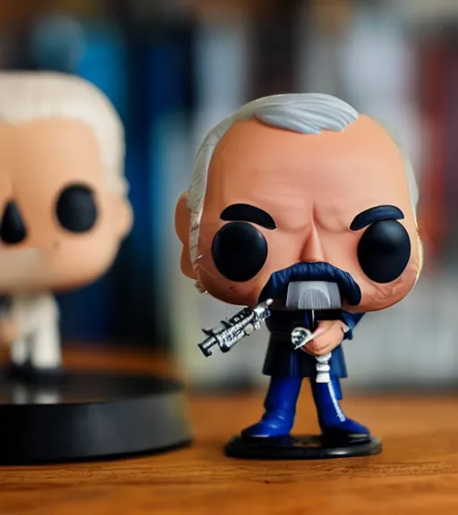 Prompt: portrait photo of joe biden as a funko pop figurine with a gatling gun. Macro photography.