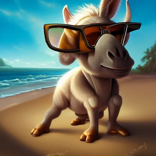 Prompt: donkey with sunglasses lying on a beach sunbed ultra wide lens shot , tiny, small, short, cute and adorable, pretty, beautiful, art portrait, matte fantasy painting, DeviantArt Artstation, by Jason Felix by Steve Argyle by Tyler Jacobson by Peter Mohrbacher, cinematic lighting