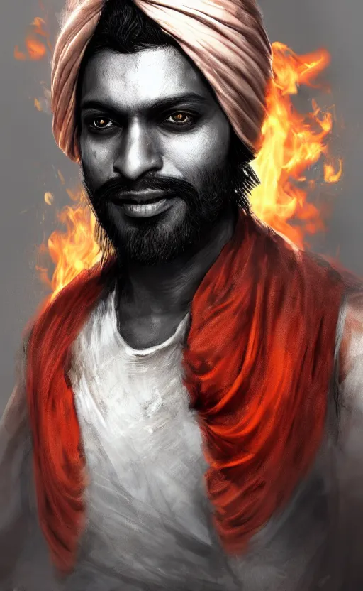 Prompt: Portrait of a Very handsome Indian wearing a turban with fire in his eyes wear, Bloodborne concept art, trending on Artstation, photorealistic image, 8k