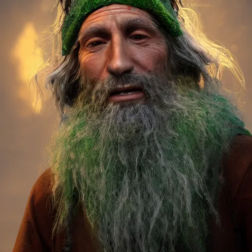 Image similar to realistic a human hobo druid with green magic around, fantasy book, d & d, high detail, 8 k, octane render painting, dark fantasy