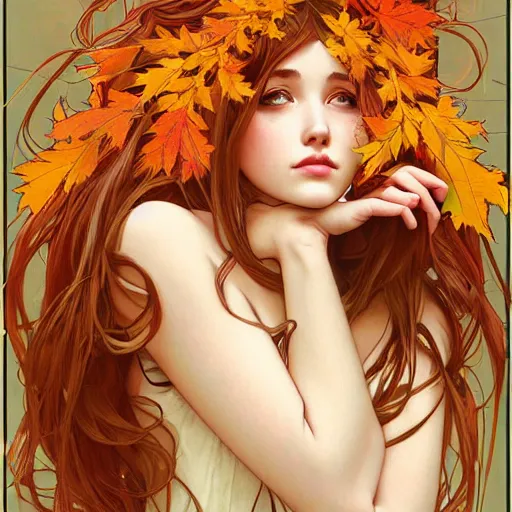 Prompt: girl with super long hair, hair becoming autumn red leaves, art by artgerm and alphonse mucha