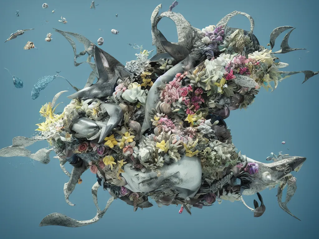 Image similar to a sculpture of ocean shark intertwined, a lovely cornucopia of flowers and human body parts, body parts, highly detailed, octane render, cinematic