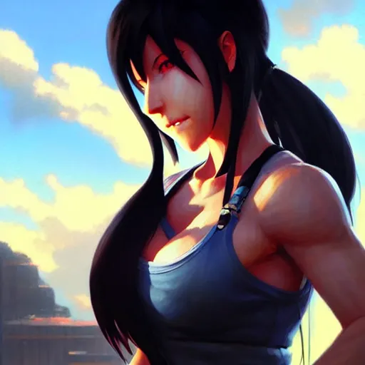 Image similar to super epically depicted color pencil portrait art of tifa from final fantasy 7, by stephen bliss, greg rutkowski, loish, rhads, makoto shinkai and lois van baarle, ilya kuvshinov, rossdraws.