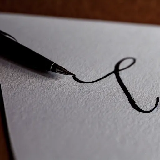 Image similar to the letter f on a white piece of paper, close - up, cursive, penmanship, ink on paper, fountain pen