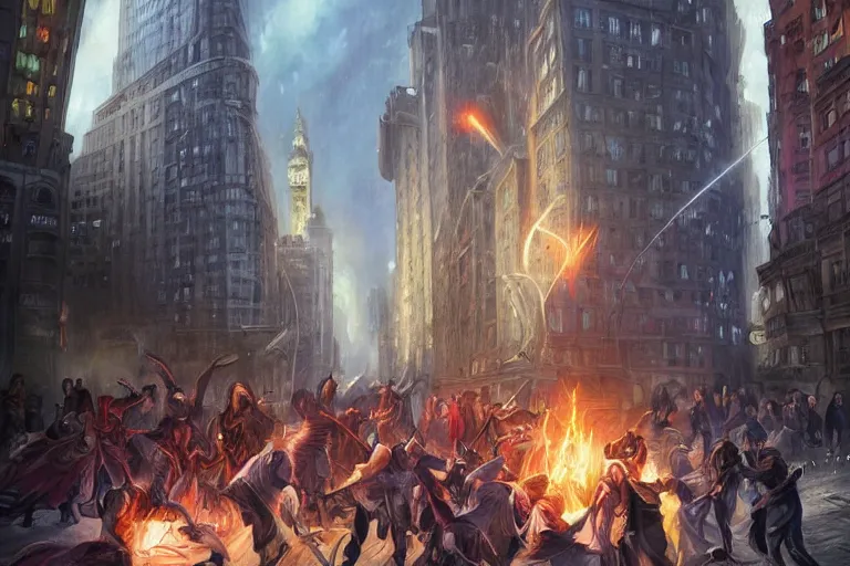 Image similar to Beautiful few sorcerers attacking people on streets with thunders in New York city , wide angle, magic, fire, face painting, dramatic lighting, intricate, wild, highly detailed, digital painting, artstation, concept art, smooth, sharp focus, illustration, art by artgerm and greg rutkowski and alphonse mucha, footage from space camera