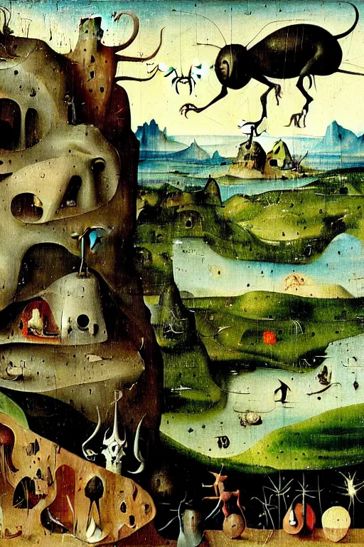 Image similar to a beautiful landscape with weird creatures by hieronymus bosch and dali