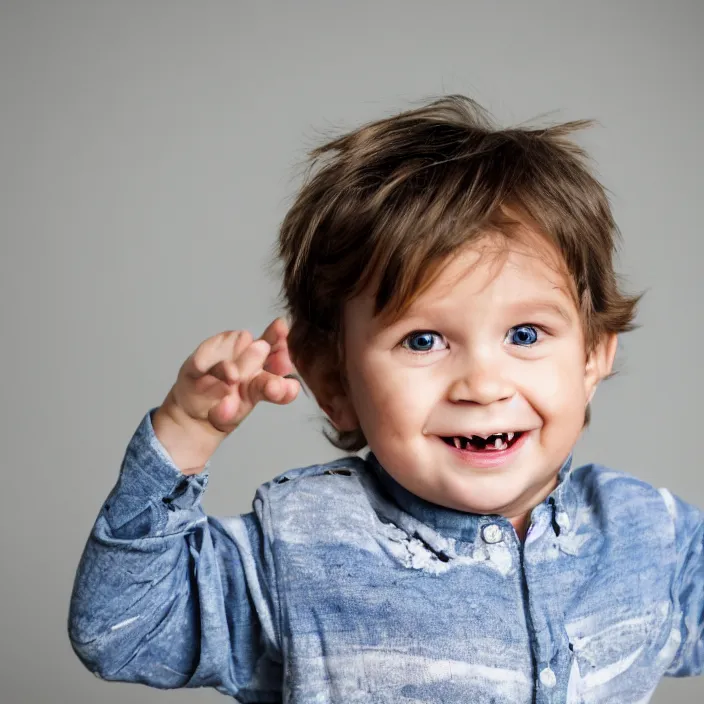 Prompt: a portrait of a naughty toddler, he's up to no good, smiling threateningly