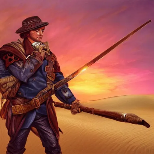 Image similar to a man holding a large blunderbuss. standing in a sand dune. colorful, bright, fantasy, artgerm, dnd, fantasy, rpg