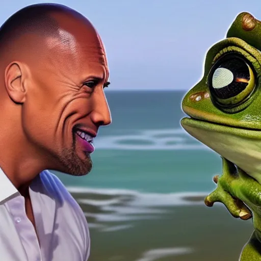 Image similar to Dwayne Johnson and Pepe the Frog having a drink on the seaside, realistic, hyperreal, beautiful lighting, art masterpiece, waterfall, photorealistic