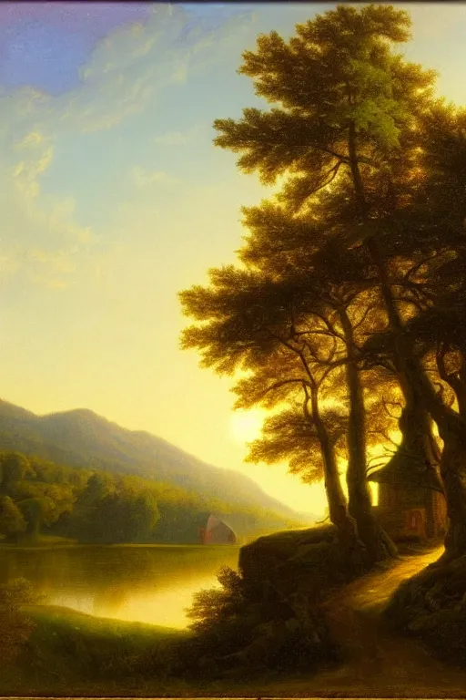 Image similar to fantasy landscape with cottage in a forest, calm serene atmosphere, in the style of hudson river school