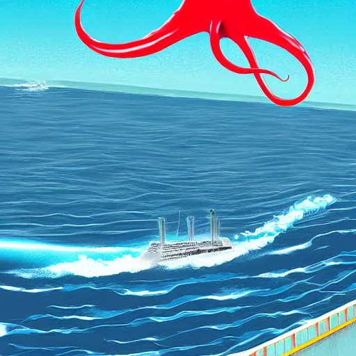 Prompt: A giant squid destroying a cruise ship in the middle of the ocean, digital art