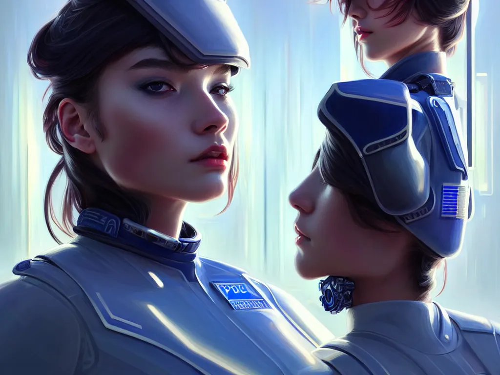 Prompt: portrait futuristic police uniform girl, at future neon light united state america rooftop, ssci - fi and fantasy, intricate and very very beautiful and elegant, highly detailed, digital painting, artstation, concept art, smooth and sharp focus, illustration, art by tan zi and ayanamikodon and alphonse mucha and wlop
