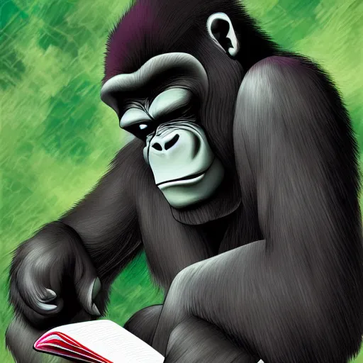 Prompt: gorilla reading a book, anime, digital art,