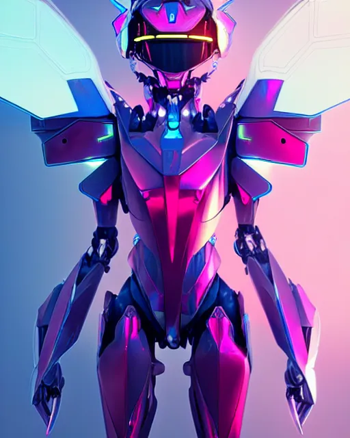 Image similar to uncropped iridescent feminine mecha ( with futuristic jet armor and wings ) with a heart visor helmet, symphogear, full body character portrait, hi - tech, trending on artstation, hot pink armor, digital painting, concept art, sharp focus, illustration, art by wlop and greg rutkowski