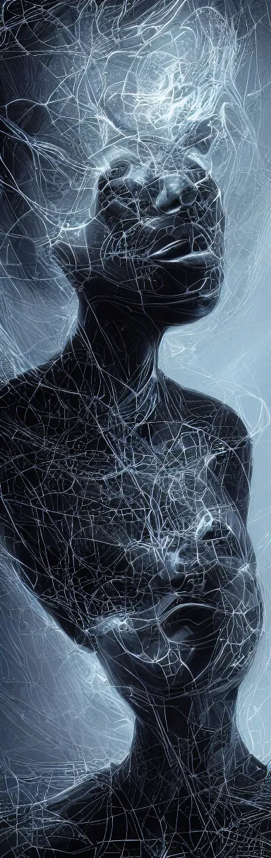 Image similar to epic illustration, digital abstract sculpt of beautiful female face silhouette and black swirling concrete acrylic portrait, black latex sculpt, octane render, mechanical superstructure, sacred geometry, glowing edges, magic hour, beautiful light, sculpture of carving marble, dark colors, dark mood, one point light, clockwork, epic matte painting, concept art, bokeh, digital painting, artstation