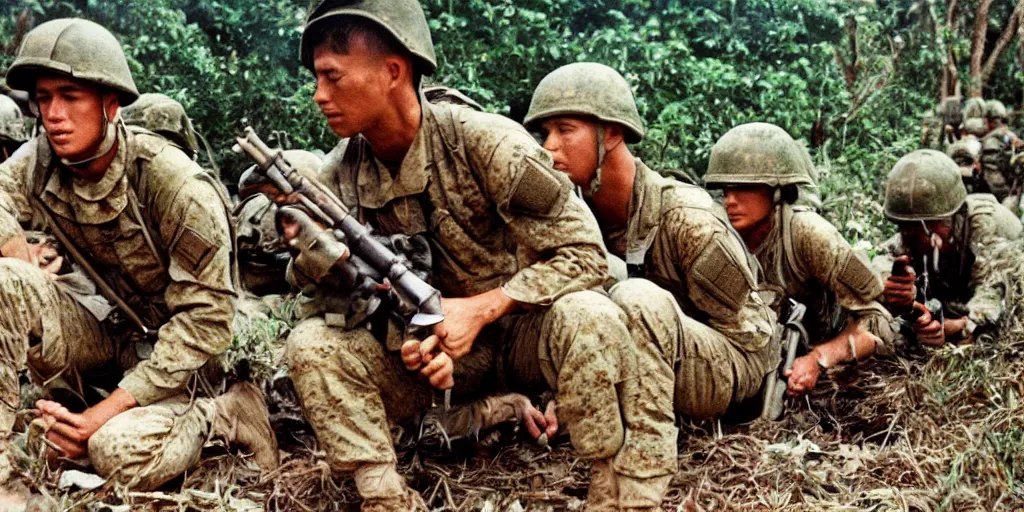 Image similar to u. s. marines move through a landing zone 1 9 6 9, vietnam war, soldiers closeup, face closeup, us flag, jungles in the background, coloured film photography, exposed colour film, ken burns photography lynn novick photography