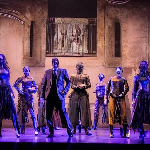 Image similar to Production photo of John Wick the musical on broadway, dancing, singing, fighting, John Wick costumes by Julie Taymor, set design by Julie Taymor