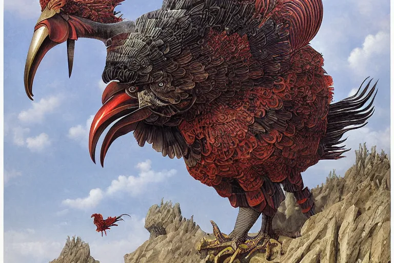 Image similar to digital painting of an ominous mechanical rooster with huge beak and talons, by wayne barlowe and bob pepper, highly detailed, intricate, sharp focus, portrait, talons, anatomy, studio ghibli color scheme, dieselpunk, retrofuturism