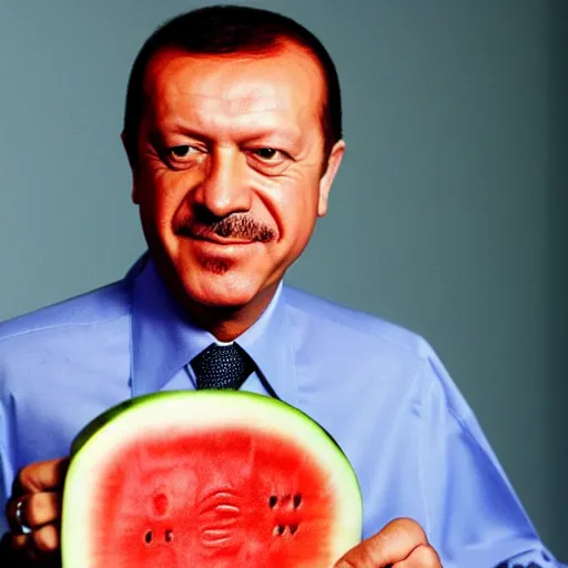 Image similar to recep tayyip erdogan smiling holding watermelon for a 1 9 9 0 s sitcom tv show, studio photograph, portrait c 1 2. 0