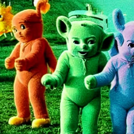 Image similar to movie still of Teletubbies as a horror movie