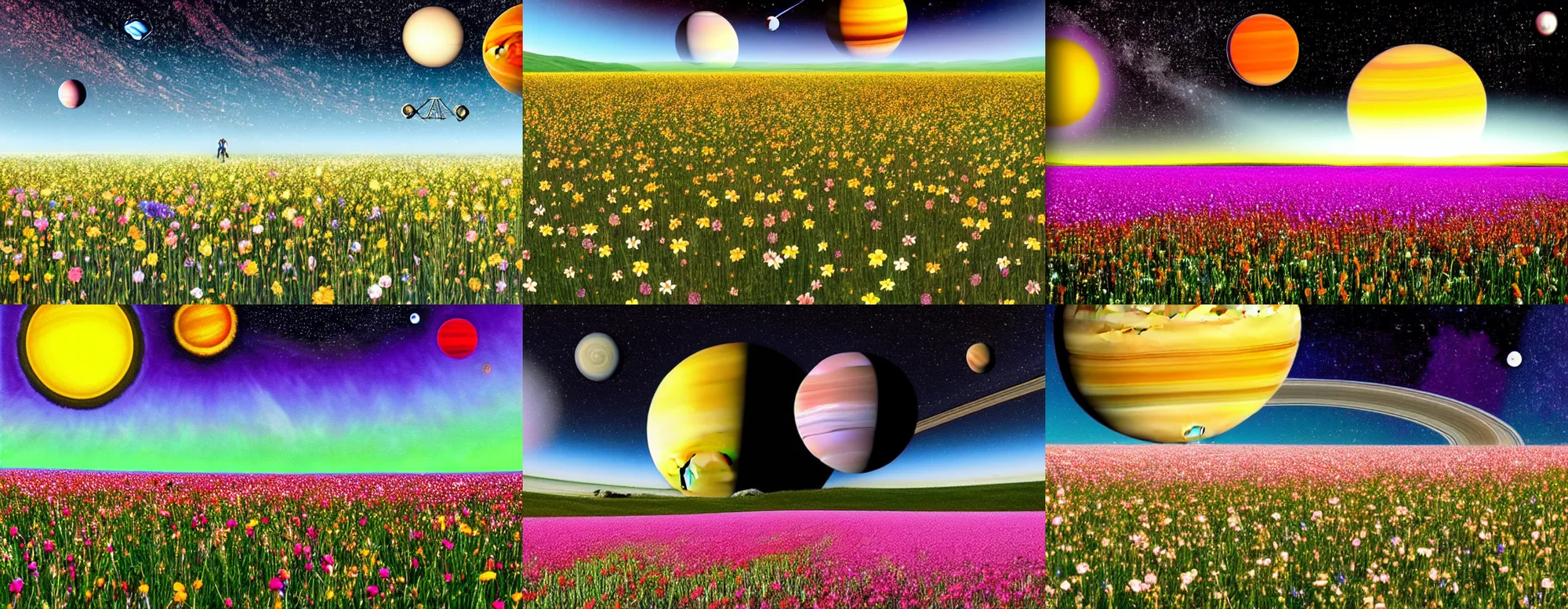 Prompt: Field of flowers with the planet Saturn in sky above