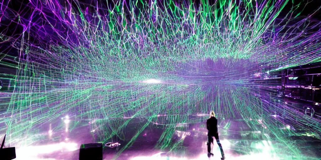 Image similar to Thom Yorke singer songwriter, Radiohead group of people on stage playing instruments, elaborate stage effects, dust, smoke, giant LED screens, colored projections, ultrafine detail, glowing thin wires, smoke, high contrast, projections, a screenshot by David Gilmour Blythe, holography, tesseract, volumetric lighting, anamorphic lens flare