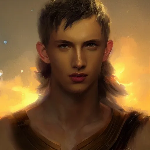Prompt: a beautiful Norse Warrior based on Troye Sivan with glowing aura by Greg Rutkowski and Raymond Swanland, Trending on Artstation, cloudy background, ultra realistic digital art