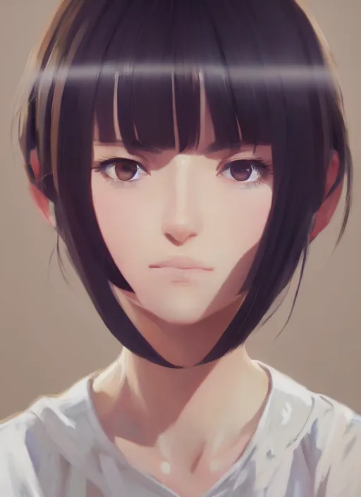 Image similar to portrait of a girl with a square hairstyle, short bangs, wonderful eyes, complex, applied to tone, ambient lighting, high detail, digital painting, artstation, concept art, 4 k, stunningly beautiful, clear focus, makoto shinkai and akihiko yoshida, hidari and vlop