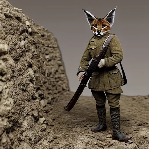 Image similar to cute fluffy caracal in trenches of ww 1, wearing ww 1 hermet, with rifle, old photo, hyperrealistic detailed 8 k