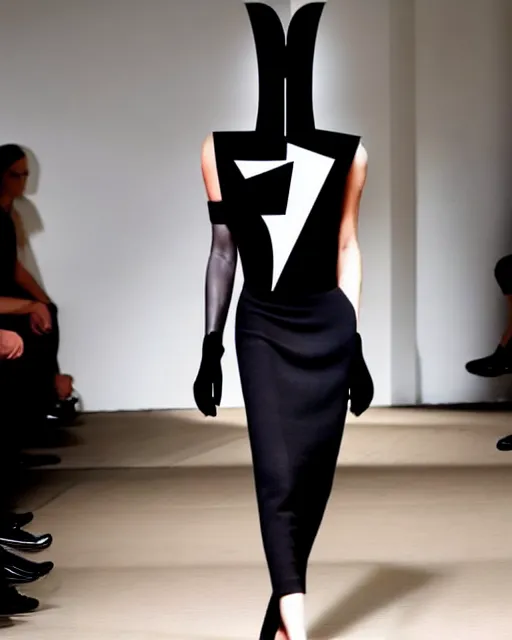 Image similar to a model walks down the runway in a black dress, a cubist painting by alexander mcqueen, trending on pinterest, vorticism, androgynous, biomorphic, geometric