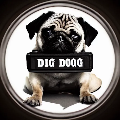 Prompt: pug dog with an emo haircut on a record cover, intricate detail, high contrast, studio photo, well lit,