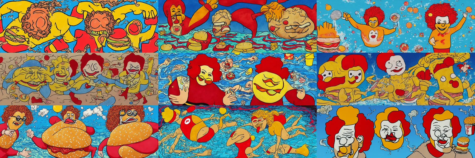 Prompt: outsider art talented illustration of ronald mcdonald bloated with gas, swimming atop an olympic sized swimming pool made of saucy big mac hamburgers