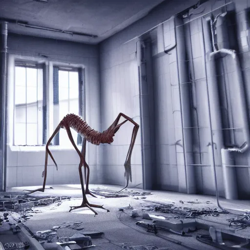 Image similar to an tall skinny creature with long legs and long arms, and long neck standing in a space station abandoned room, 4 k, photography, realistic, detailed,