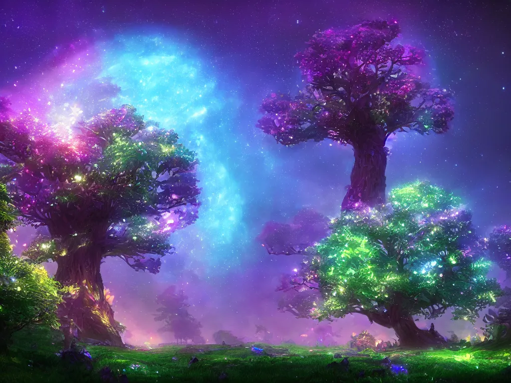 Image similar to a magical tree glowing with starry dusted light, deep color, fantasy art, by beeple and pixar and avatar vivid glowing colors, extreme detail, studio ghibli and pixar and abzu, rendering, cryengine, deep colors, purple and blue and green colors, vray render, cgsociety