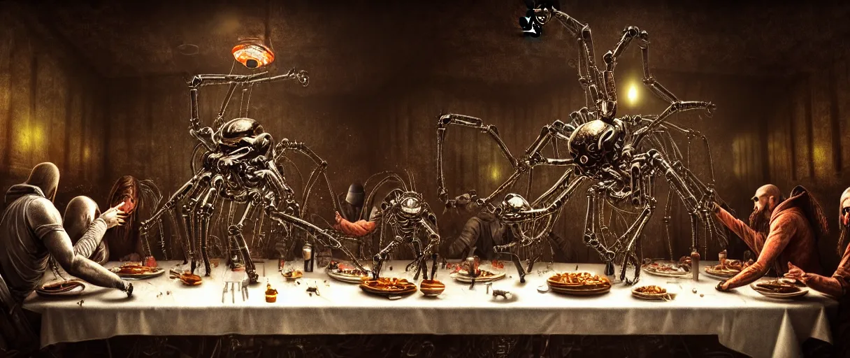 Prompt: mechanical robot spider at the last supper, wide angle shot, ultra detailed, fine drawing, grunge, eldritch horror, hyper real, 4 k, moody lighting, warm colors, shaded, by wlop