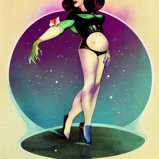 Prompt: a retro sci - fi pinup illustration of dita von teese in the style of anna dittmann and in the style of alex maleev.