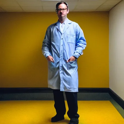 Image similar to flash low quality photograph of a male scientist wearing a lab coat in the backrooms, mustard - yellow old moldy moist carpet room, empty liminal space, very dark shadows, broken fluorescent lighting, horror movie scene, film grain