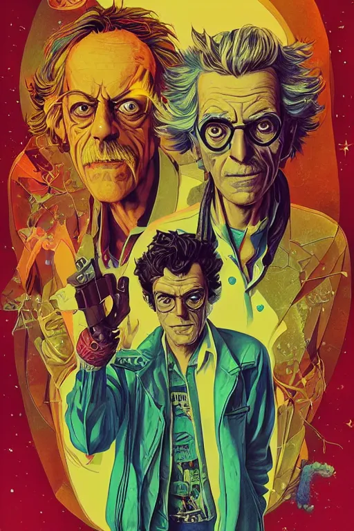 Prompt: Christopher Lloyd as Rick Sanchez, Harry Styles as Morty Smith, science fiction, retro cover, high details, intricate details, by vincent di fate, artgerm julie bell beeple, 60s, inking, vintage 60s print, screen print