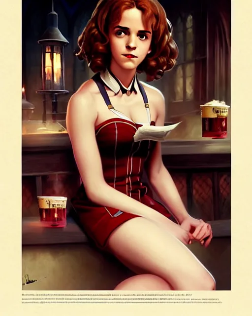 Prompt: beautiful pinup photo of hermione granger by emma watson in the hogwarts pub, hermione by a - 1 pictures, by greg rutkowski, gil elvgren, glossy skin, pearlescent, anime, very coherent, flat, ecchi anime style, feminine, seductive