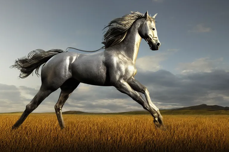 Prompt: knight horse, chrome, reflect, ultra realistic!!!, clear weather, golden hour, sharp focus