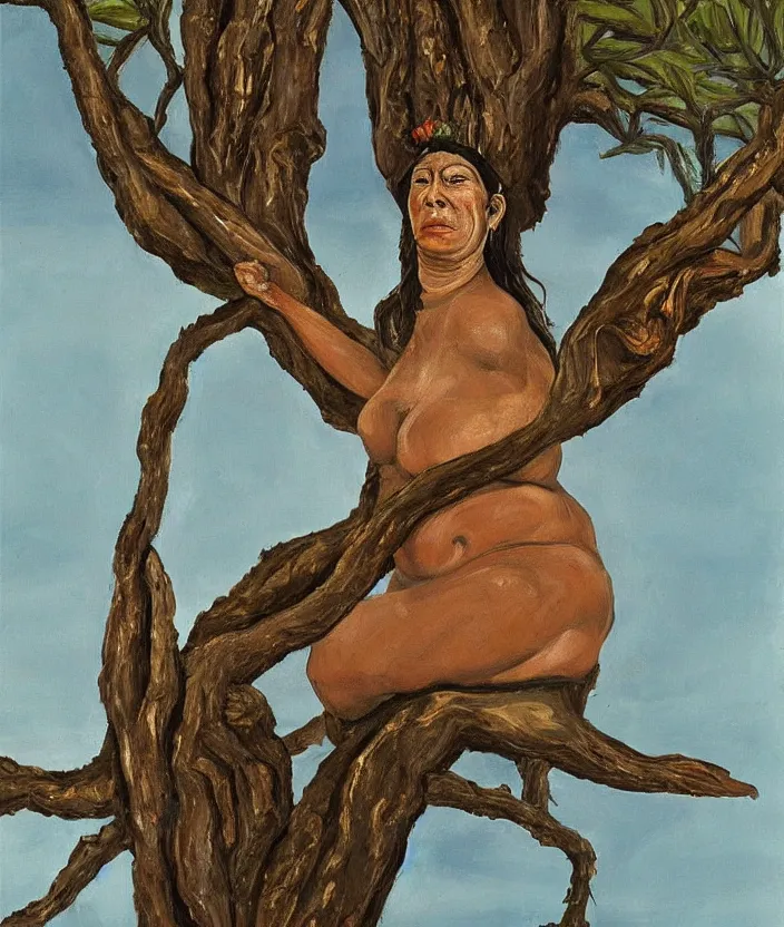 Prompt: indigenous woman on top of a tree, painted by lucian freud, hd, super detailed, realistic, muted colors