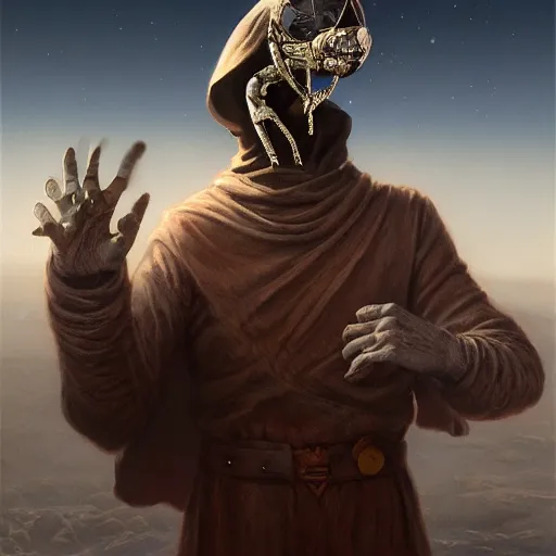 Image similar to masked nomad male wearing a cloak on an alien world and holding a holographic planet projection in his hand, detailed, sci - fi, digital painting, artstation, sharp focus, illustration, ominous, artgerm, tomasz alen kopera, peter mohrbacher, donato giancola, joseph christian leyendecker, wlop, frank frazetta