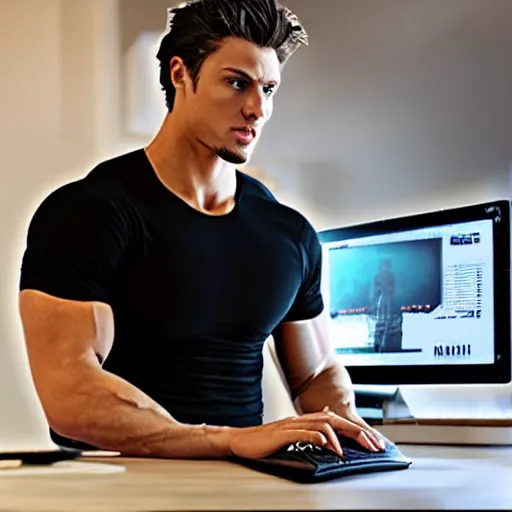 Prompt: a chad. muscular. godlike. using a computer.