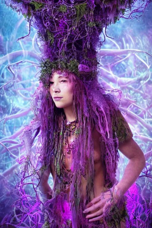 Prompt: female shaman of the purple forest, neon cloak, mycelium, fungi, vines, symmetrical features, illusion, magical realism, ultradetailed, volumetric lighting, 4k UHD, film poster.