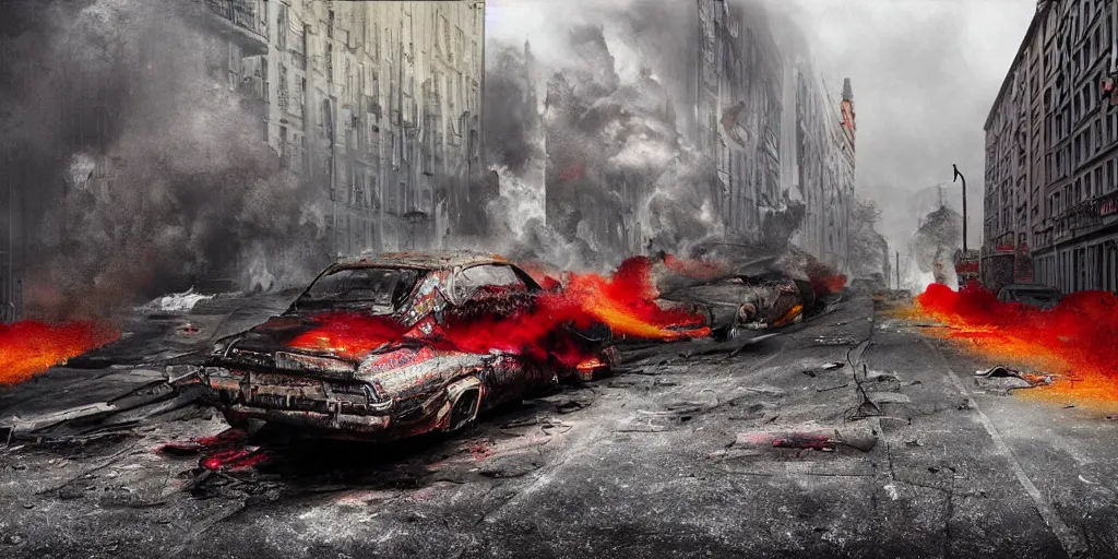 Image similar to post - apocalyptic kreuzberg streets covered in colorful smoke, burned cars, explosions, hyperrealistic, gritty, damaged, dark, urban photography, photorealistic, high details