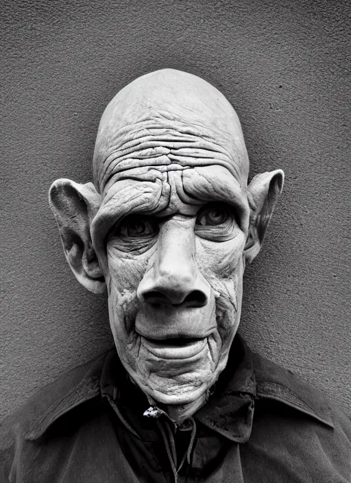 Image similar to A portrait photo of an old cyclope man , high contrast, black and white