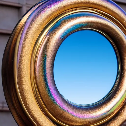 Image similar to beautiful iridescent metal mirror face, smooth, reflections, proud, looking away, outdoor, blue sky, 8 k, realistic, highly detailed, award winning photography